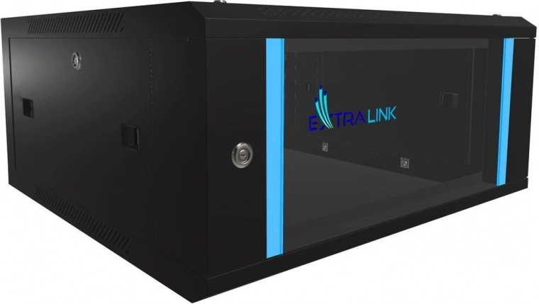 Vægmonteret rackskab EXTRALINK 4U 600x600 sort med glasdør