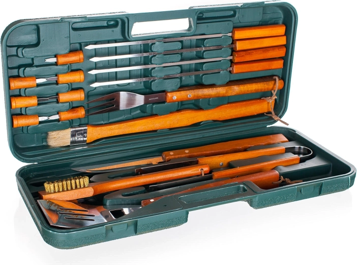 Redskaber i rustfrit stål med træhåndtag