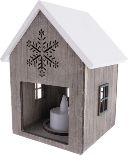 Dekorativt træhus med LED-belysning, beige, 10 × 10 × 15 cm