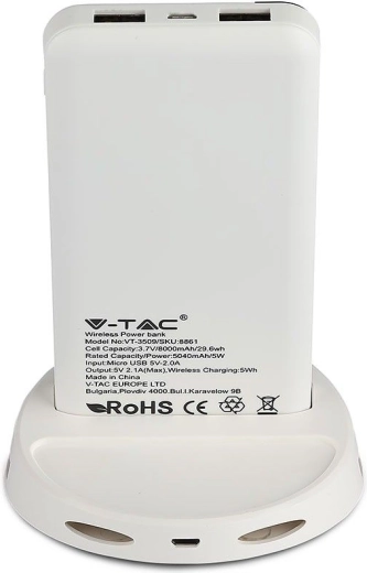 V-TAC powerbank 8000 mAh med trådløs Qi-opladning og stander