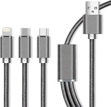 Maxlife nylonkabel 3-i-1 med hurtig opladning 2,1 A – Lightning/USB‑C/microUSB, grå