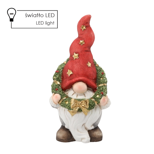 Julefigur af en nisse med krans og LED