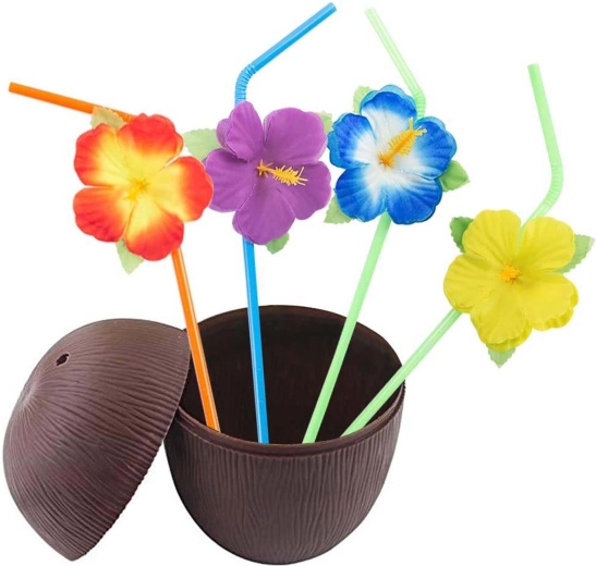 Kopformet bæger i kokos-look med blomster-sugerør