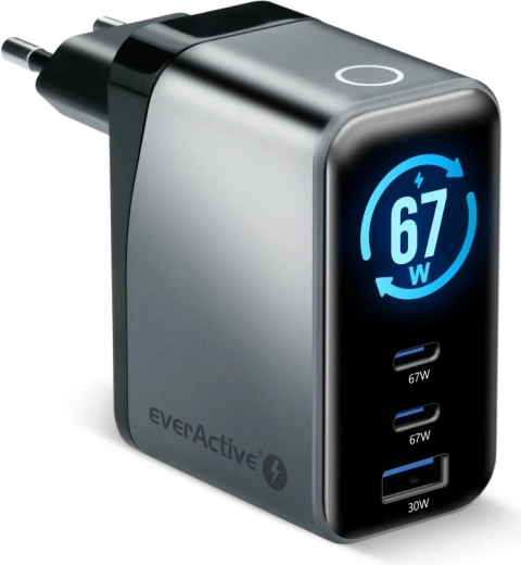 EverActive GaN-oplader 67 W med LCD (2× USB-C + USB-A)