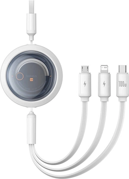 Udtrækkeligt opladningskabel 3-i-1 BASEUS Free2Draw 100W, 1,1 m, hvid