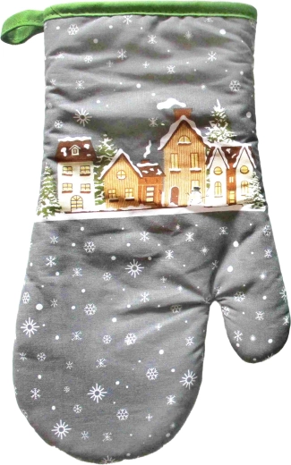 Julegrydehandske med motiv af snedækkede huse 18 × 30 cm