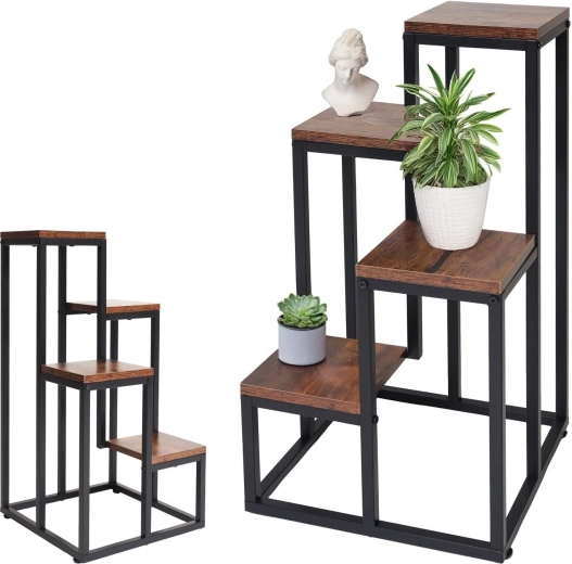 Blomsterstander i metal med 4 niveauer i antik eg-dekor - 1 stk.
