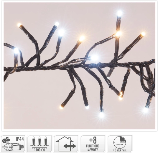 Julelyskæde 11 m, 1512 LED, varm hvid, 8 funktioner, IP44, med timer - 1 stk.
