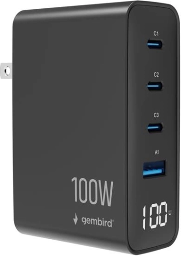 Gembird universal GaN-oplader 100 W med LCD, 3× USB-C og 1× USB-A, sort