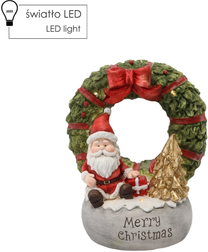 Julefigur med krans, julemand og Merry Christmas LED
