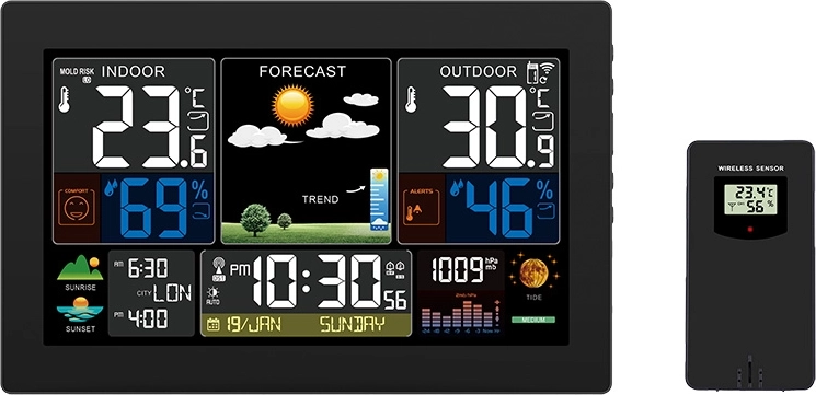 Solight vejrstation med XL farvet LCD-display, temperatur, luftfugtighed, tryk, RCC, sort