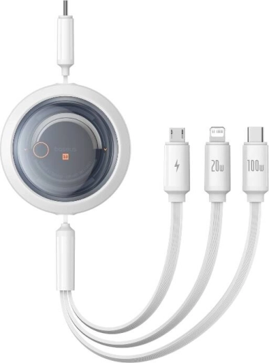 Udfyldelig hurtigopladningskabel 3-i-1 BASEUS Free2Draw, USB‑C til USB‑C/Lightning/Micro, 100 W, 1,1 m, hvid