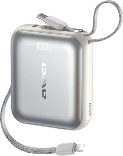 Powerbank AWEI AS-181 10.000 mAh, 35 W, med indbyggede Lightning- og USB‑C‑kabler, sølvfarvet