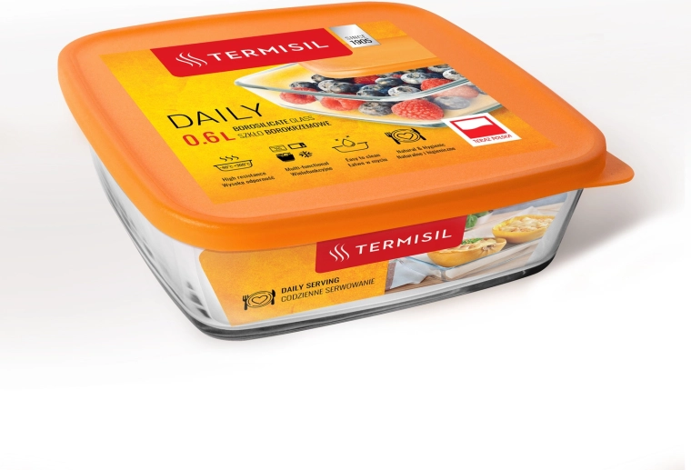 Plastbeholder til madvarer 0,6 l med orange låg