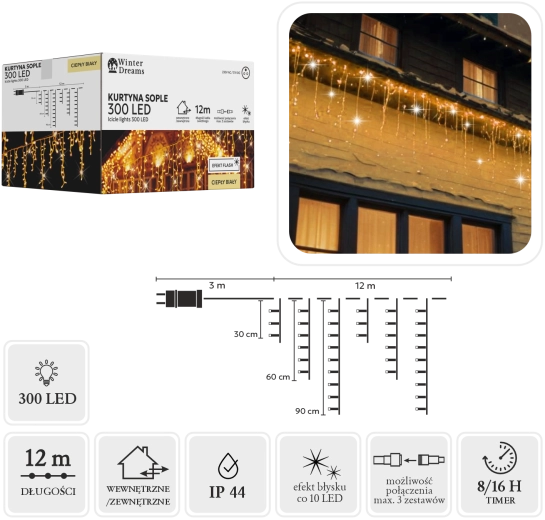 LED-lyskæde med istapper, 300 LED, varm hvid med koldt flash-effekt, 12 m