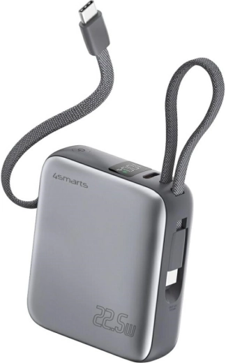 Powerbank 4smarts Pocket Dual Cord 10000 mAh 22,5 W med indbygget USB‑C-kabel, grå