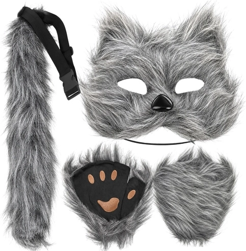 Glimz-kostume af kat, ræv eller ulv, grå, 4 dele