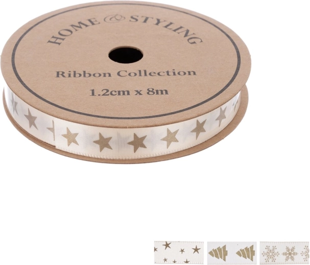 Home Styling juledekorationsbånd i beige med guldtryk 1,2 cm x 8 m