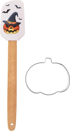 Halloween silikone-køkkenspatel med træhåndtag og græskarudstikker
