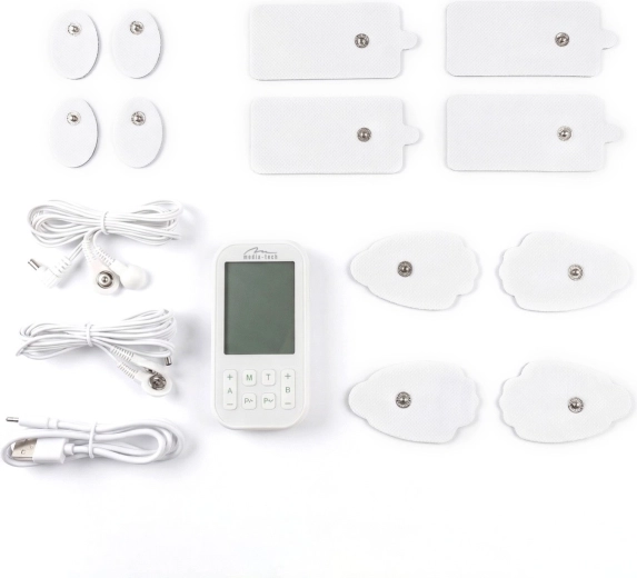 USB‑C-opladning og et sæt elektroder til øjeblikkelig brug