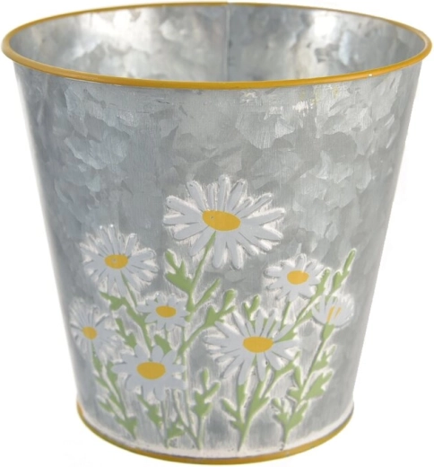 Grå blik-urtepotte med margueritmotiv