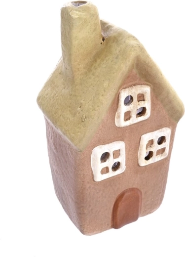 Keramisk lysestage hus beige-grøn 14 cm