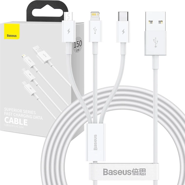 Opladnings- og datakabel 3-i-1 Baseus Superior, USB til Micro USB / USB‑C / Lightning, 3,5 A, 1,5 m, hvid