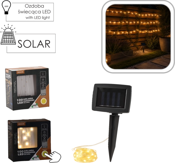 Solcelled-lyskæde på tråd, 100 LED, varm hvid, 11,9 m
