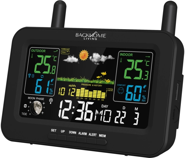 BackHome Living multifunktionel meteorologisk station RCC drevet af lysnet og batterier sort 16,5 × 4,5 × 13,5 cm