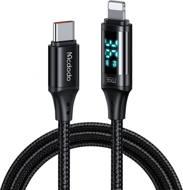 Mcdodo USB‑C til Lightning-kabel 36 W med LED-display 1,2 m sort