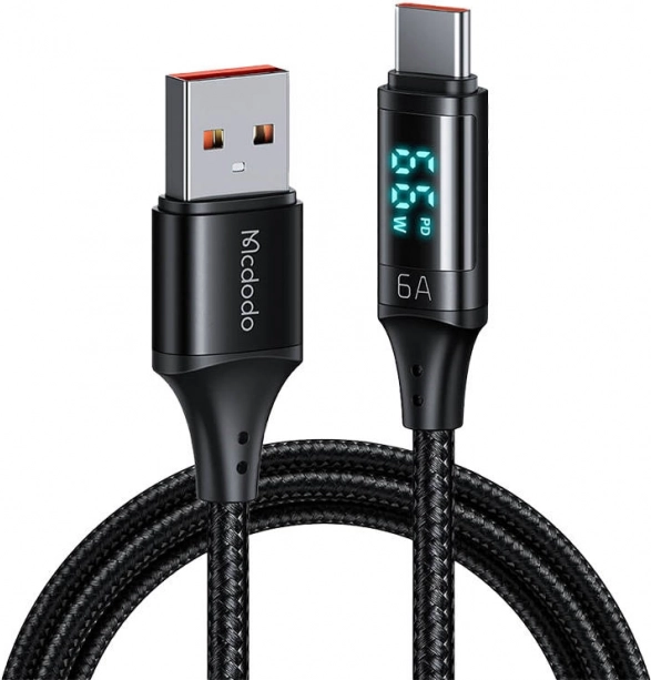 Mcdodo USB til USB-C kabel med display, 66W, 6A, 1,2 m sort