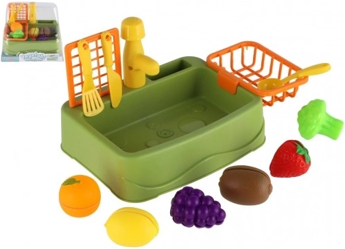 Legetøjskøkkenvask med frugt – plastiksæt til opvask, 18 × 12 cm