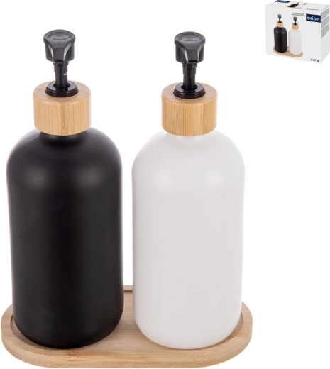Badeværelsessæt i glas og bambus 2+1 med dispensere