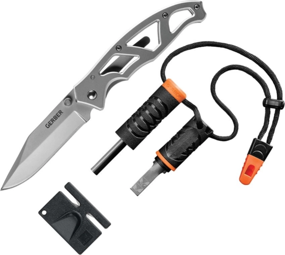 Gerber Paraframe combo camping-sæt, 3 dele (kniv, ildstål, slibesten)