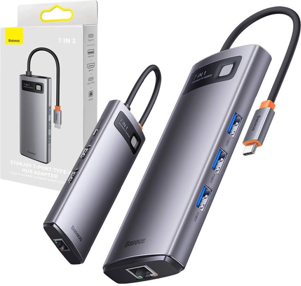 Baseus 7-i-1 USB‑C hub metal gleam (3× USB 3.0, HDMI, VGA, Ethernet RJ45, PD 100 W)