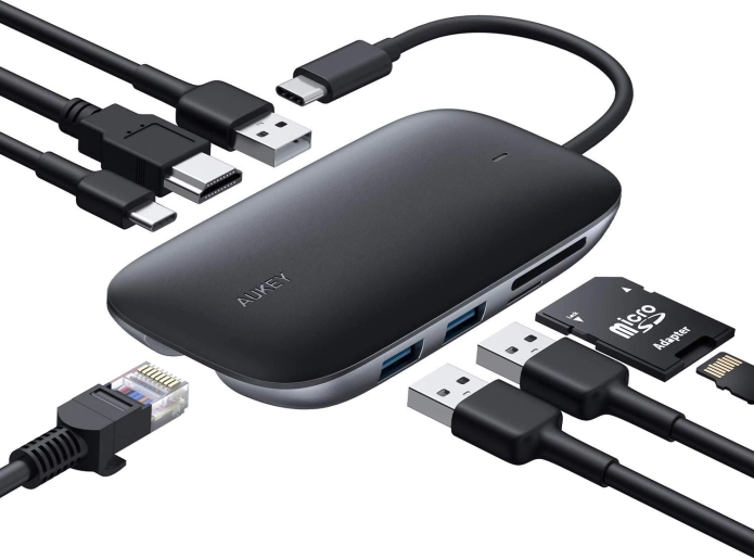 Aukey USB‑C hub 8‑i‑1 med HDMI 4K, Gigabit Ethernet og Power Delivery 100 W