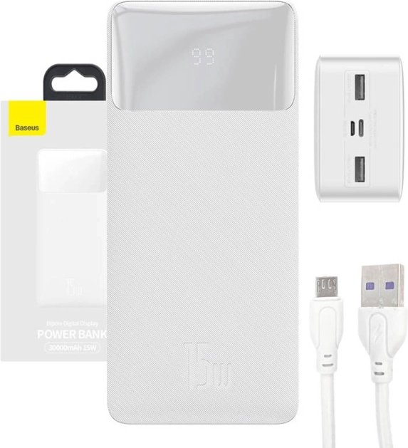 powerbank Baseus Bipow 30000 mAh, 15 W, hvid