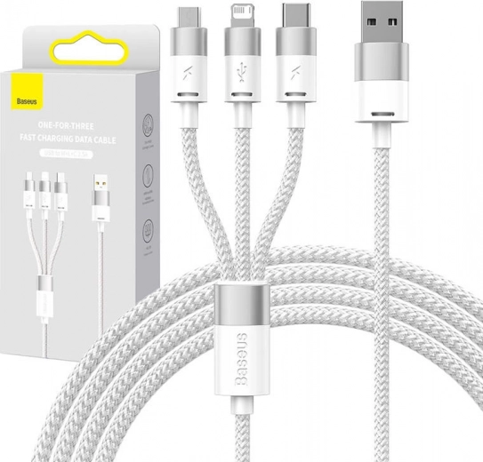 opladningskabel 3-i-1 Baseus StarSpeed, USB‑C + Micro USB + Lightning, 3,5 A, 1,2 m, hvid