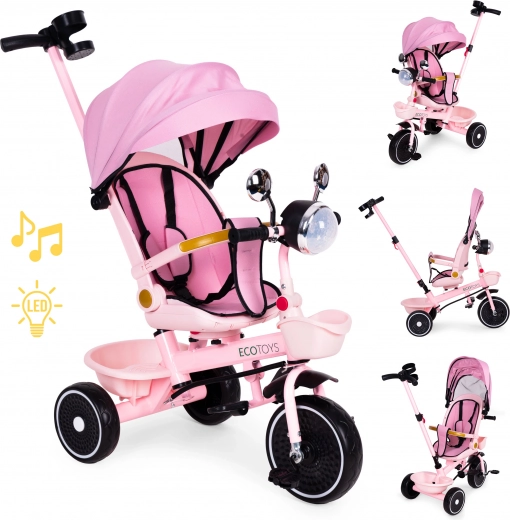 Pink børne trehjulet klapvogn med drejbart sæde og styrestang ecotoys