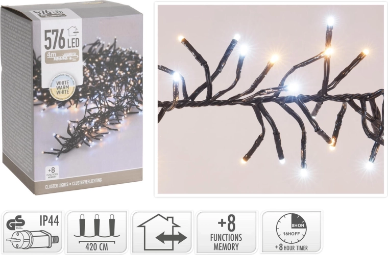 Jule LED-lyskæde 4,2 m, 576 LED, varm hvid, 8 funktioner, IP44, med timer