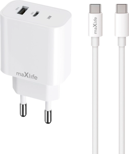 Maxlife MXTC-06-20AC hurtigoplader USB-C + USB-A 20 W med USB-C/USB-C-kabel