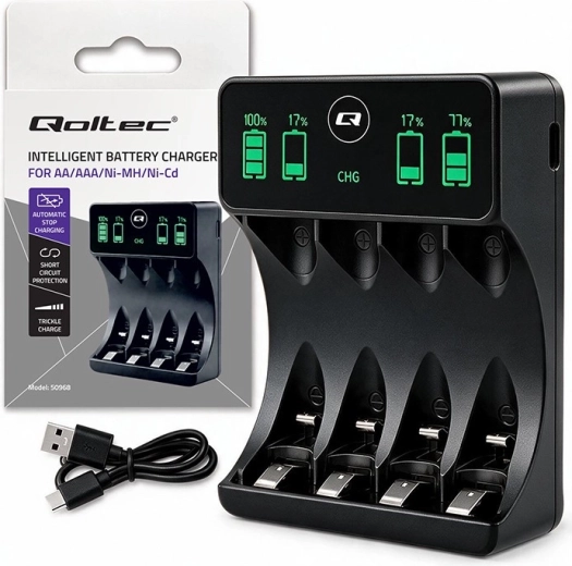 Ni-MH-oplader til AA/AAA genopladelige batterier med LCD-display og USB-C-kabel