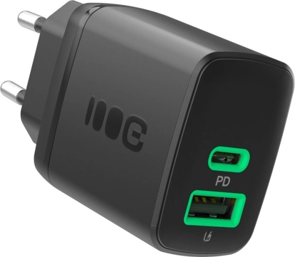 Vægoplader 30W med USB‑C og USB‑A – Greencell PowerSource Duo30 sort