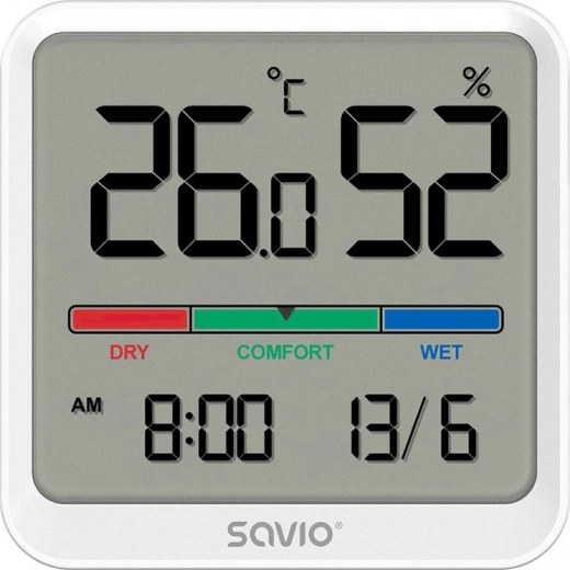 Digitalt termometer og hygrometer SAVIO med LCD, ur og dato, magnetisk holder – Hvid