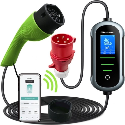 Bærbar Wi‑Fi oplader til elbiler Type 2, 22 kW, 400 V, LCD, 7 m – Qoltec