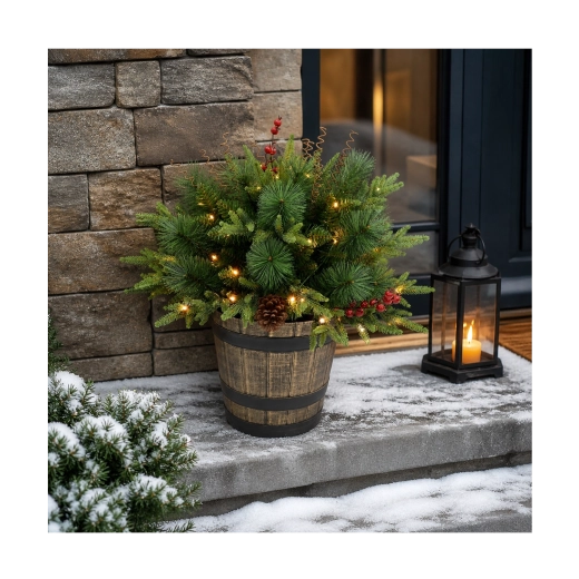 Juledekoration med LED – arrangement i urtepotte 60 cm