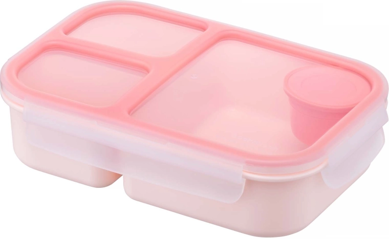 Lyserød plastbeholder til mad med 3 rum, 1,5 l