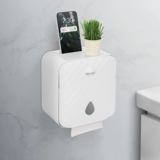 Vægmonteret toiletpapirholder med hylde, hvid