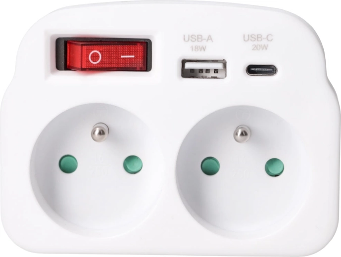 Solight stikkontaktfordeler med 2 stikkontakter, USB-A- og USB-C-hurtigopladning 20 W PD, hvid