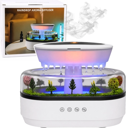 Luftfugter og aromadiffuser med regneffekt og LED-belysning
